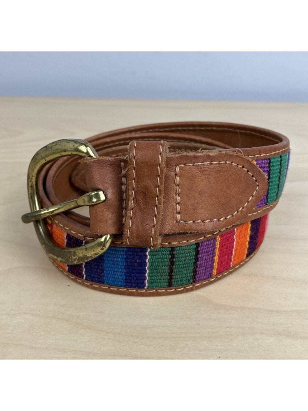Vintage Guatemalan Belt Women’s M/L Colorful Woven Boho Hippie Ethnic Leather